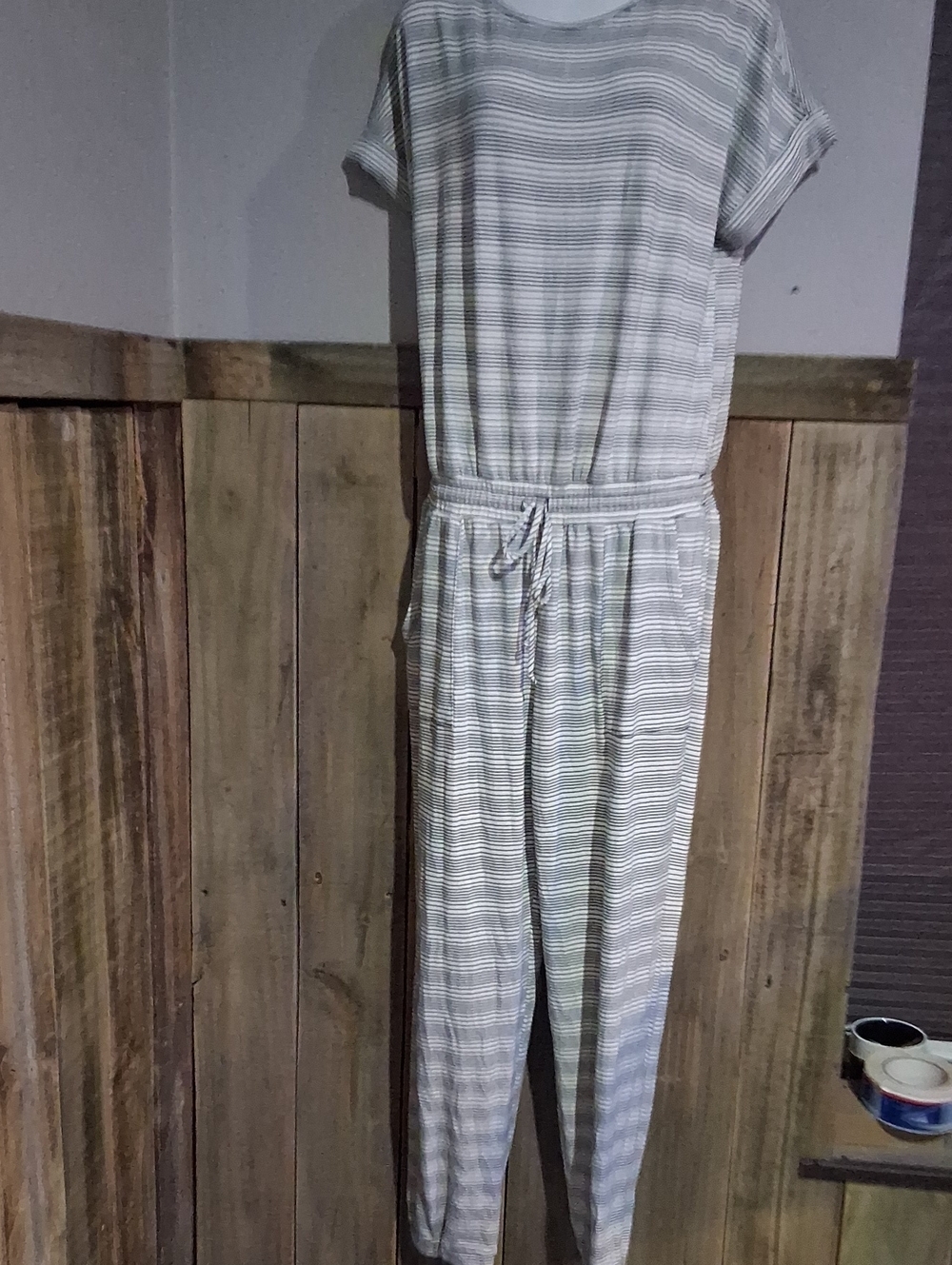 Cherish White and Light Gray Striped Short-Sleeve Jumpsuit